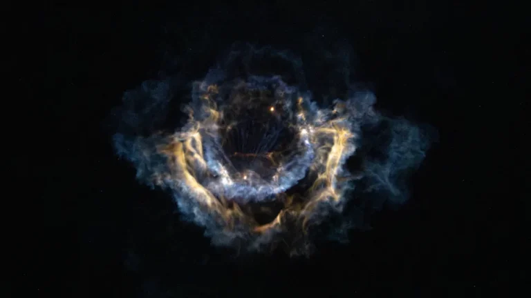 A rocket plume that looks exactly like a flower blooming in space.