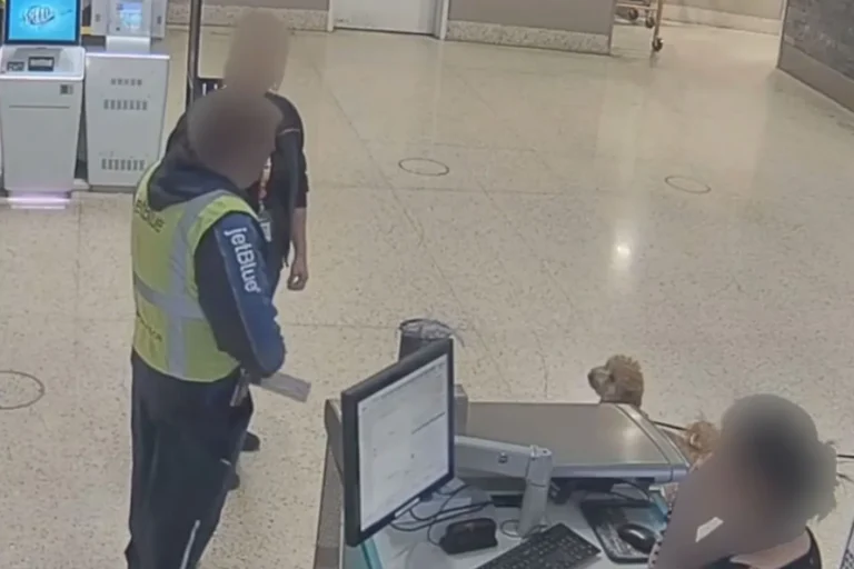 She tied her dog to a baggage sizer and walked to her gate.